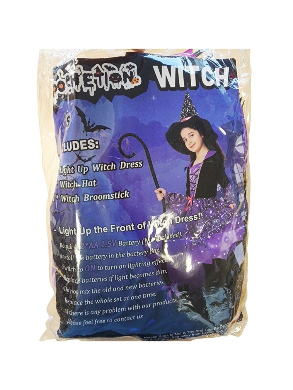 Halloween Light-Up Witch Costume Set For Girls Includes Dress Hat Broomstick 5-6